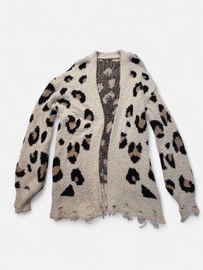 Women's Beige Leopard Open-Front Cardigan Sweater